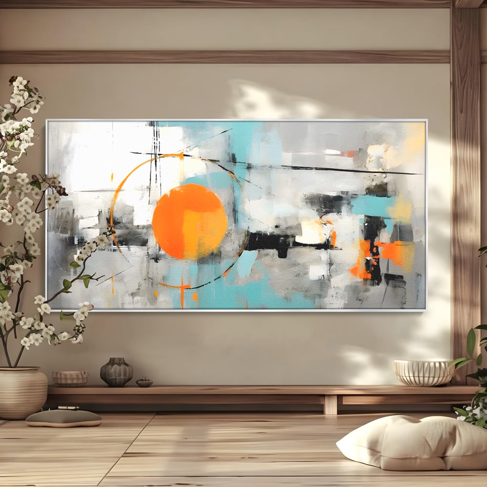 Tablou canvas cu pictura abstracta cu cerc portocaliu, in rama de aluminiu argintiu